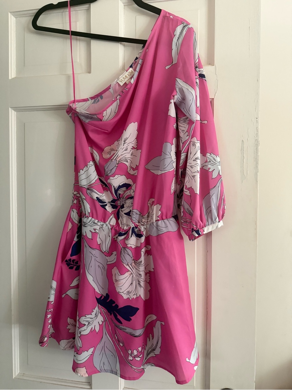 Yumi Kim One-Shoulder Floral Mini Dress in Hot Pink and White
